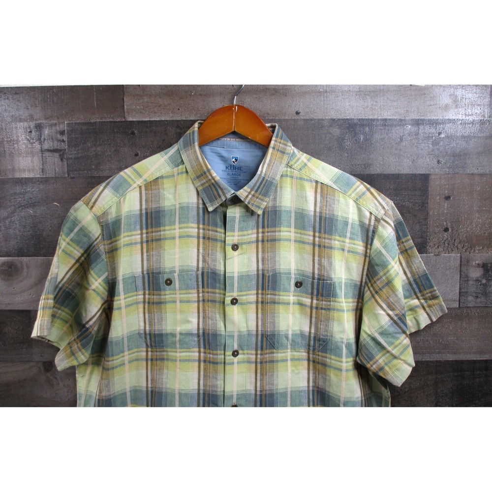 Kuhl Skorpio Shirt Mens XL Green Plaid Linen Cotton Blend Short Sleeve Button Up